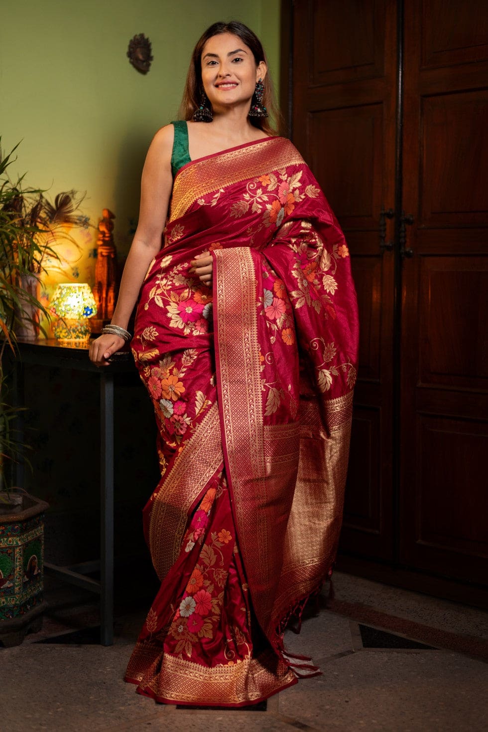Ujasi red floral Banarasi silk blend saree front view for weddings and festive wear