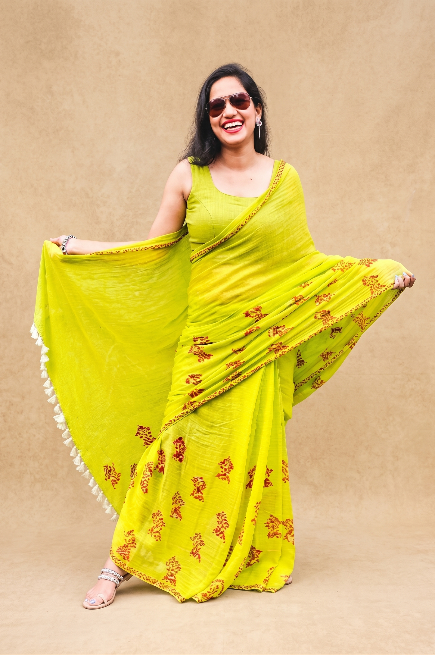 Uri green mulmul cotton saree with Assam motif block print by Apaapi, soft lightweight cotton saree for daily wear, office wear and summer styling in India