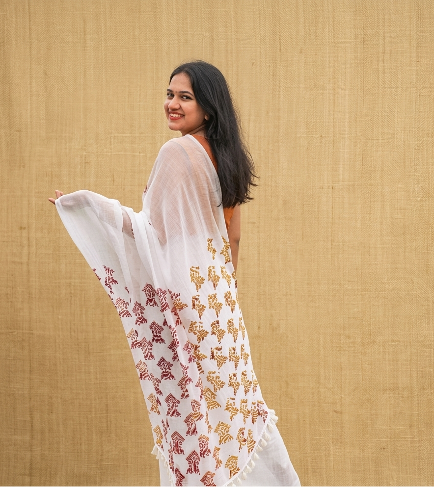 Dholai white mulmul cotton saree with Assam tree block print by Apaapi, soft lightweight cotton saree for daily wear, office wear and summer styling in India