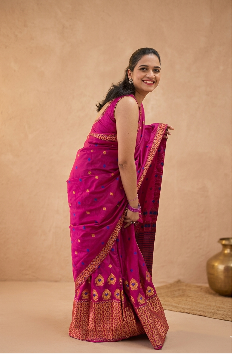 Xingkhap woven motif detail on Xondhiyara pink silk Mekhela Chador from Assam
