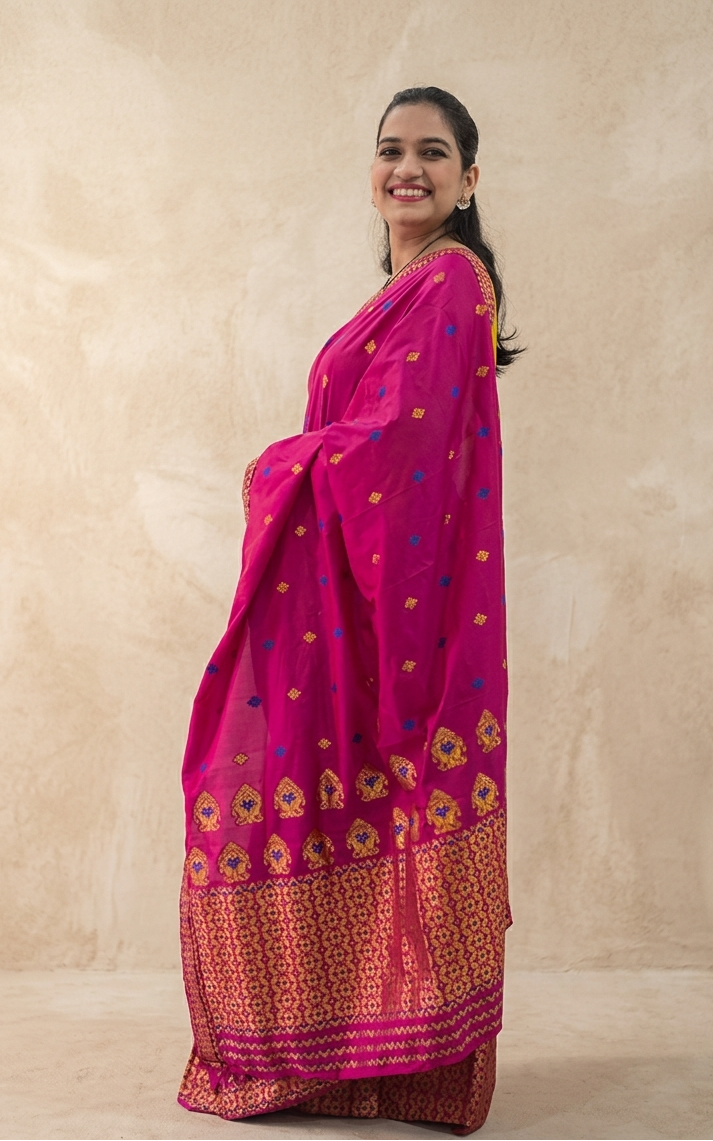 Ready-to-wear pink Assamese silk Mekhela Chador side drape for weddings and Bihu