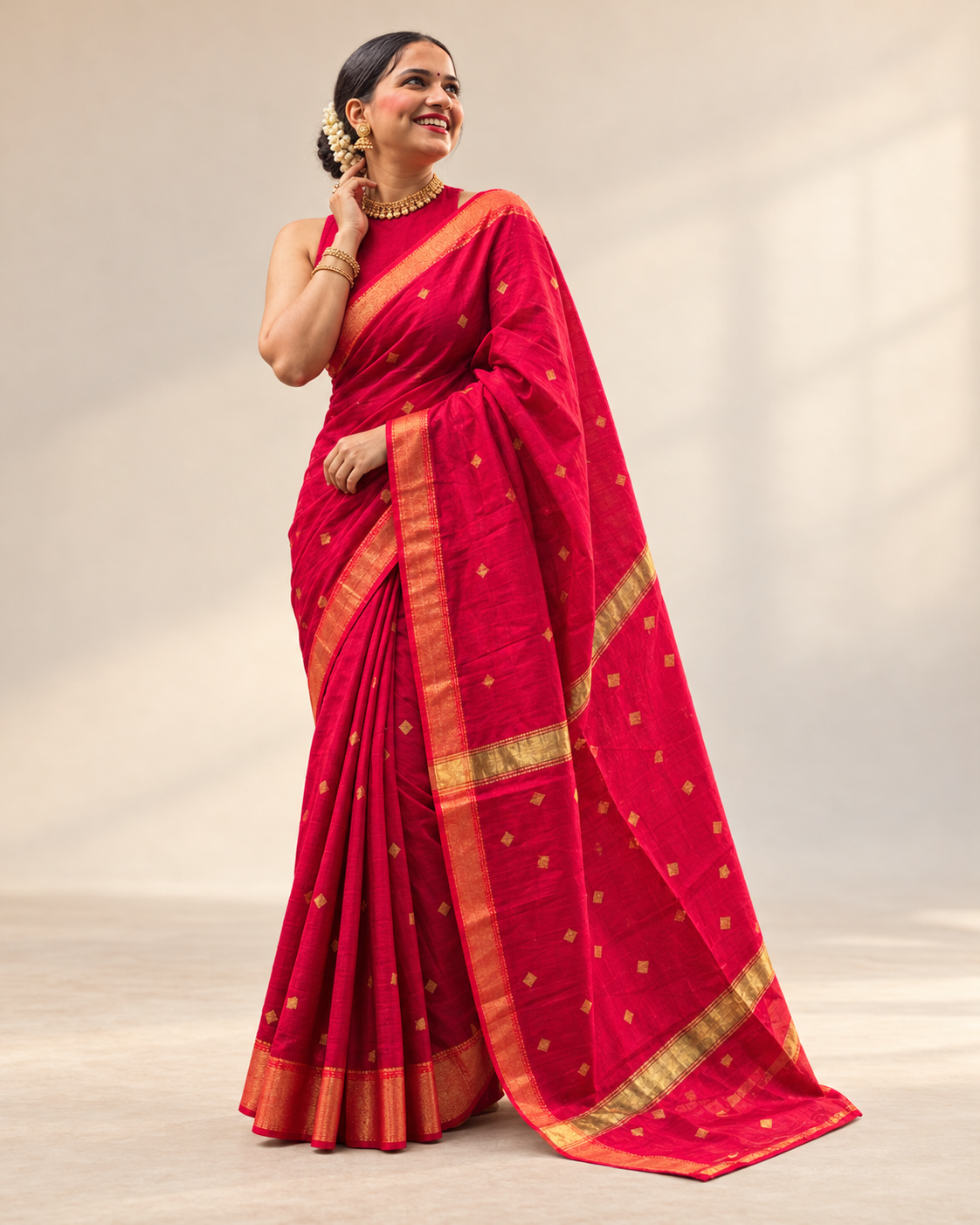 Xunmala rich red Assam-inspired festive saree with gold-toned butis and golden border by Apaapi.