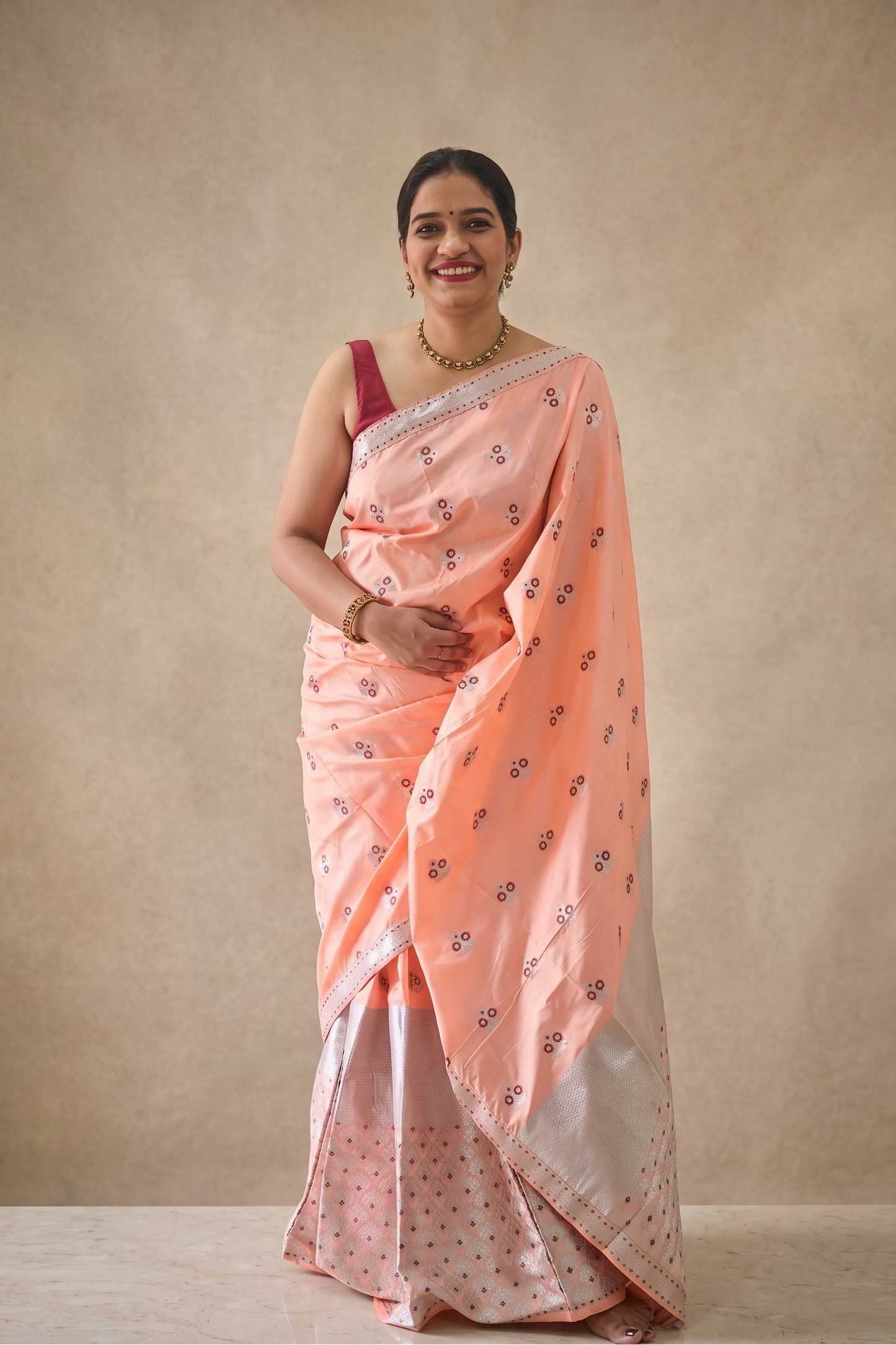 Xuworoni peach silk blend Mekhela Chador fully stitched front look by Apaapi