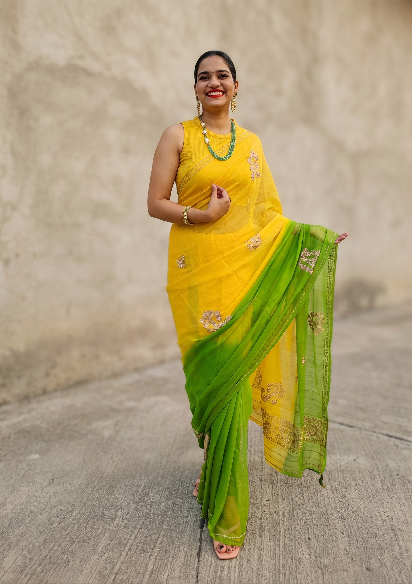 Yellow green double shaded pure chiffon saree with glass work Gos motif by Apaapi