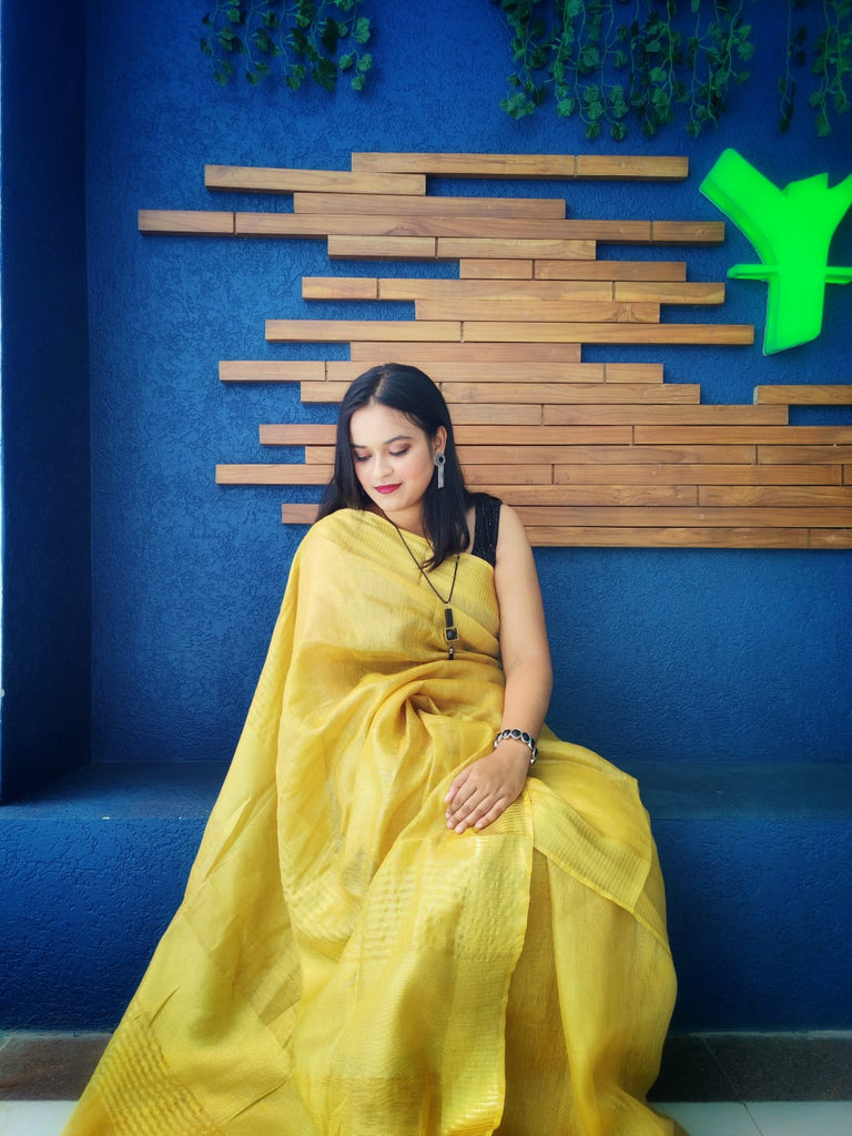 Hand Dyed Pure Tissue Linen Golden Color Saree With Running Blouse-Indiehaat  – Indiehaat.com