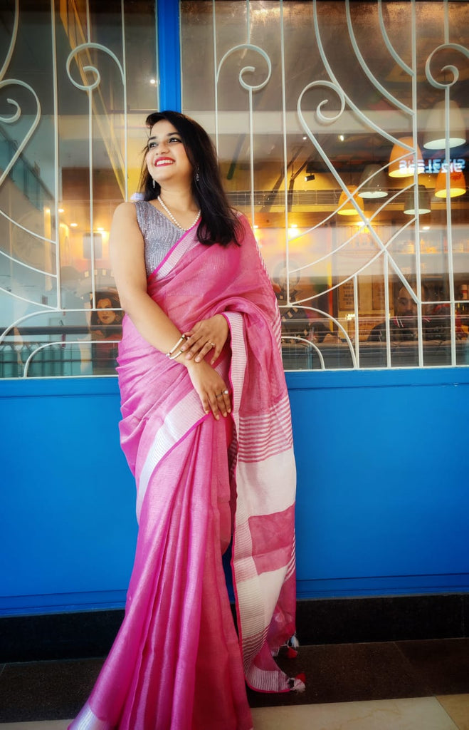 Handloom Tissue Linen Saree in Dual Shade Pink and Gold – Story Of India